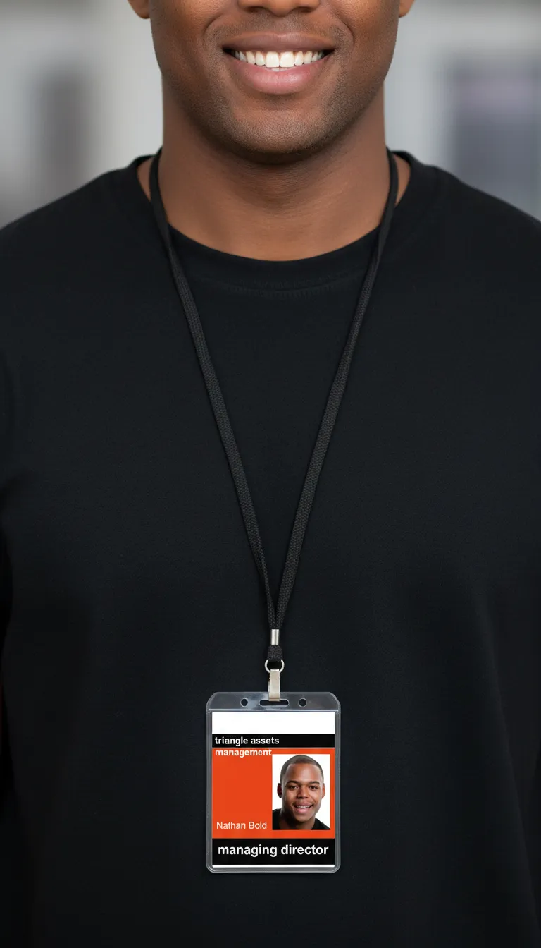 Smiling man in black shirt wearing a red and black professional ID badge, blurred gray background.