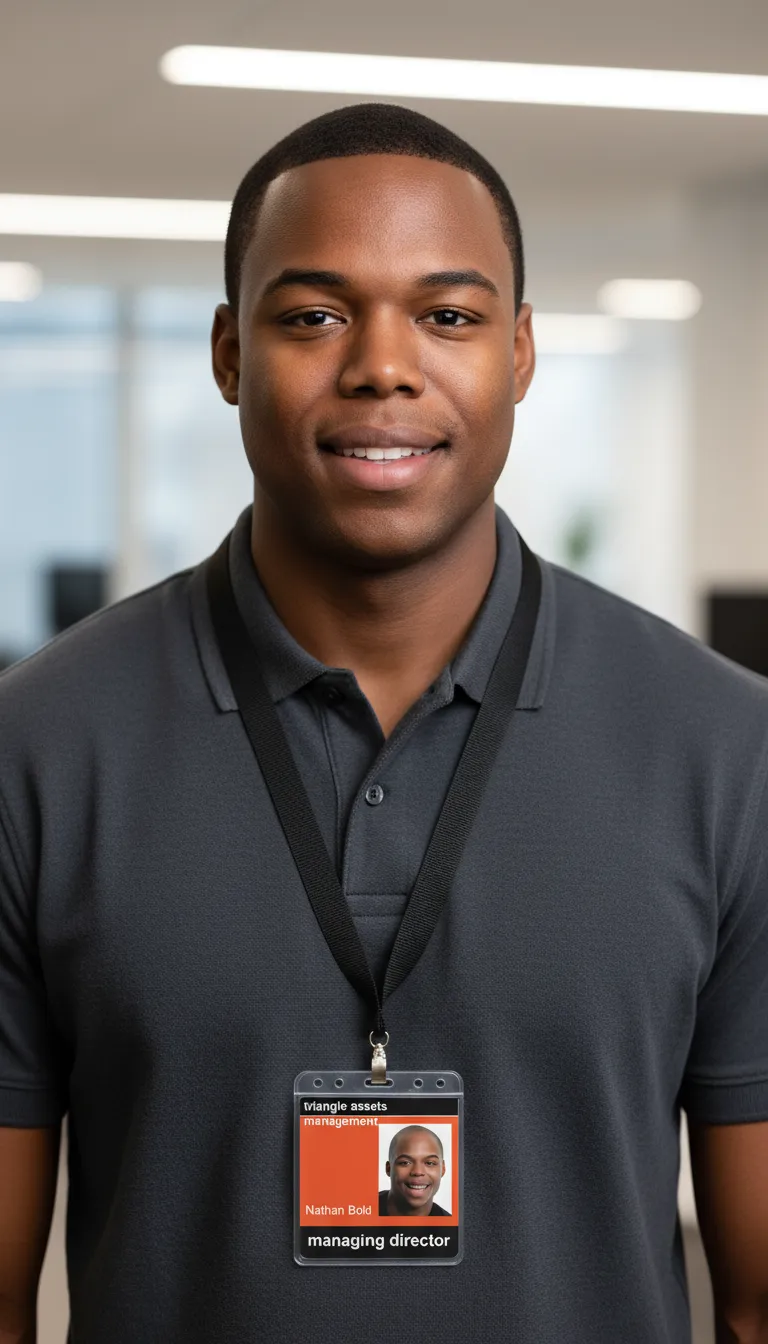 Smiling man in dark shirt, orange and black professional ID badge, blurred office background, bright lighting.