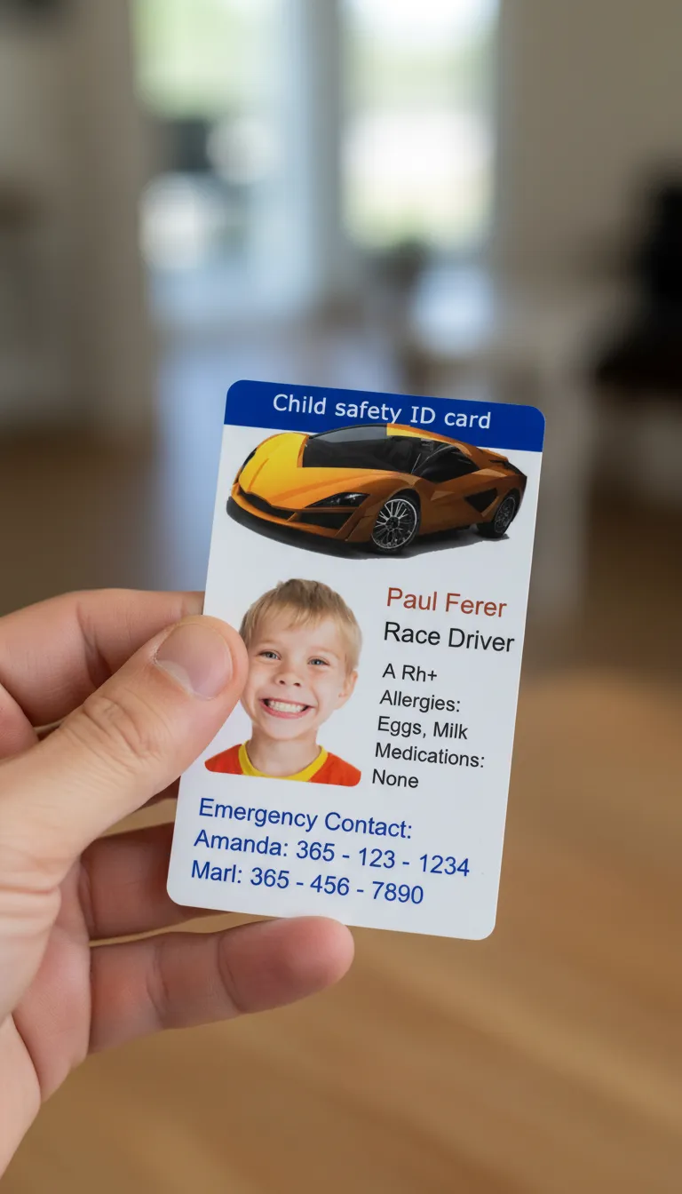 Custom ID card with blue, white, and yellow colors, held in hand, blurred indoor background.