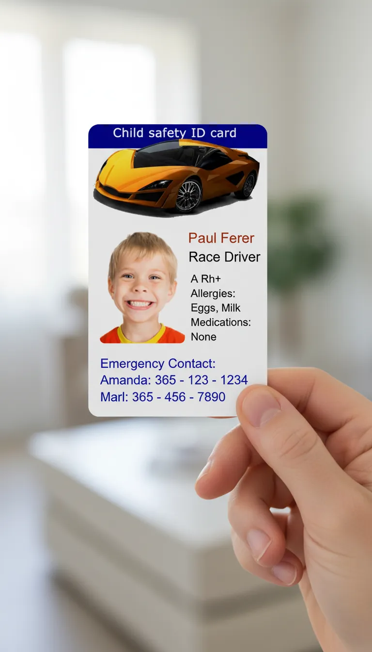Custom ID card with blue, white, yellow, and red colors, held in a bright indoor background.