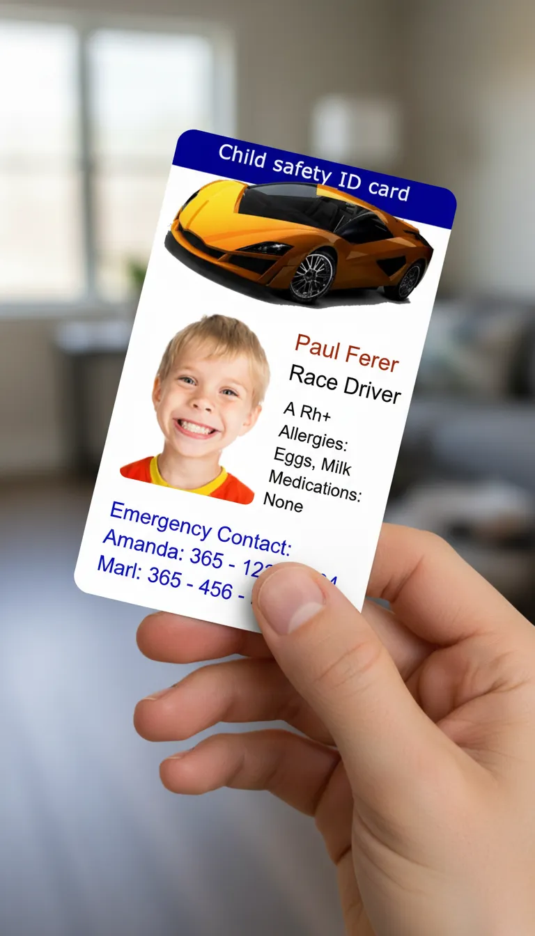 Hand holding colorful custom ID card with blue, yellow, and white design, blurred indoor background.