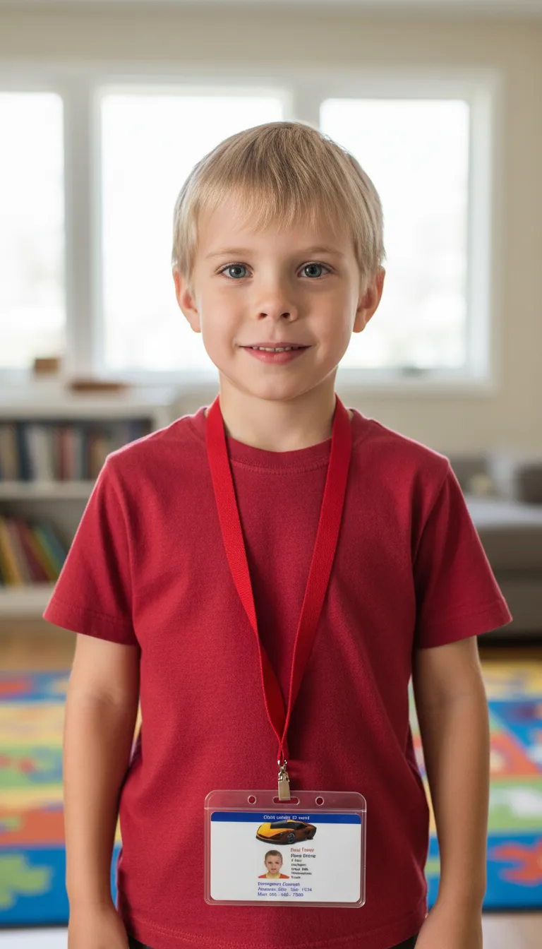 Smiling child in red shirt with custom ID card, colorful classroom background, natural light.