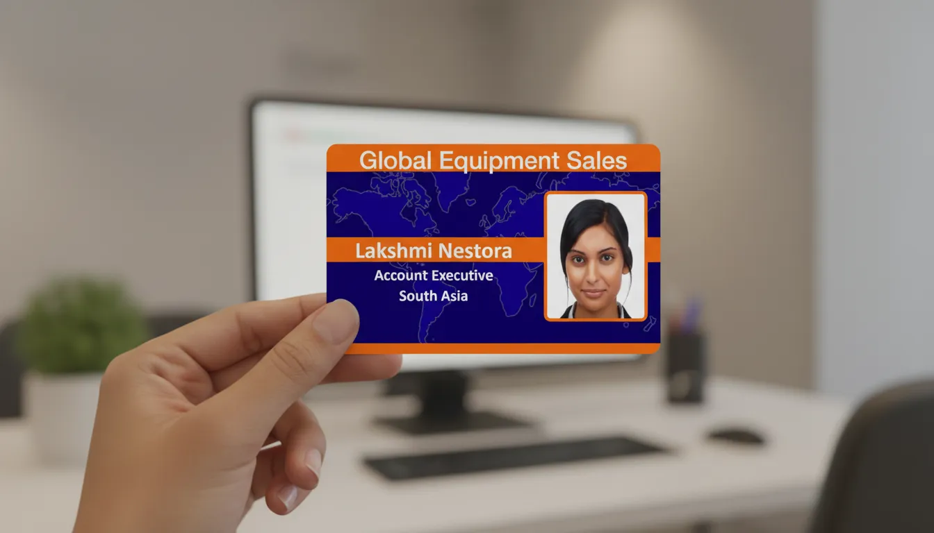 Blue and orange custom ID card held in hand, blurred office background, computer and plant visible.