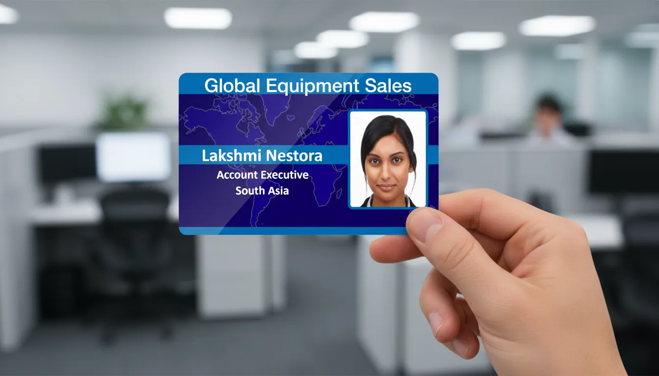 Blue custom ID card with white text, world map design, office background, hand holding card.