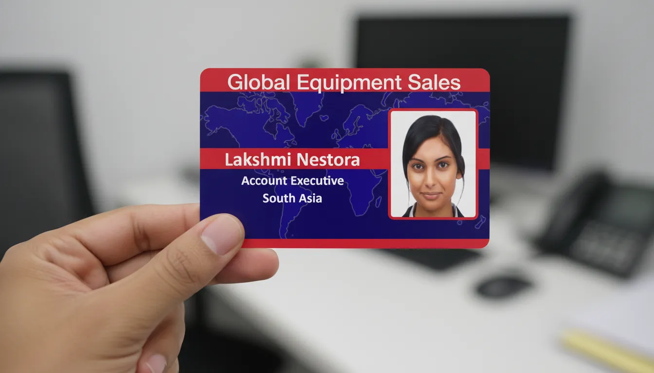 Red and blue professional ID badge with white text, held in office, blurred gray background.