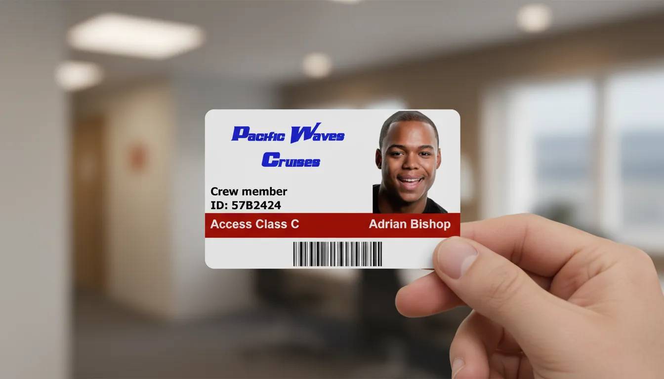 Custom ID card with blue, red, and black text, held in hand, blurred office background.