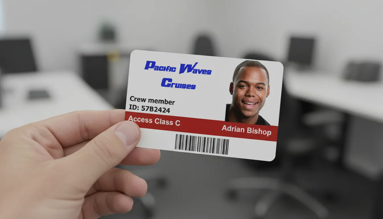 Hand holding custom ID card with blue, red, and black text, office background blurred.