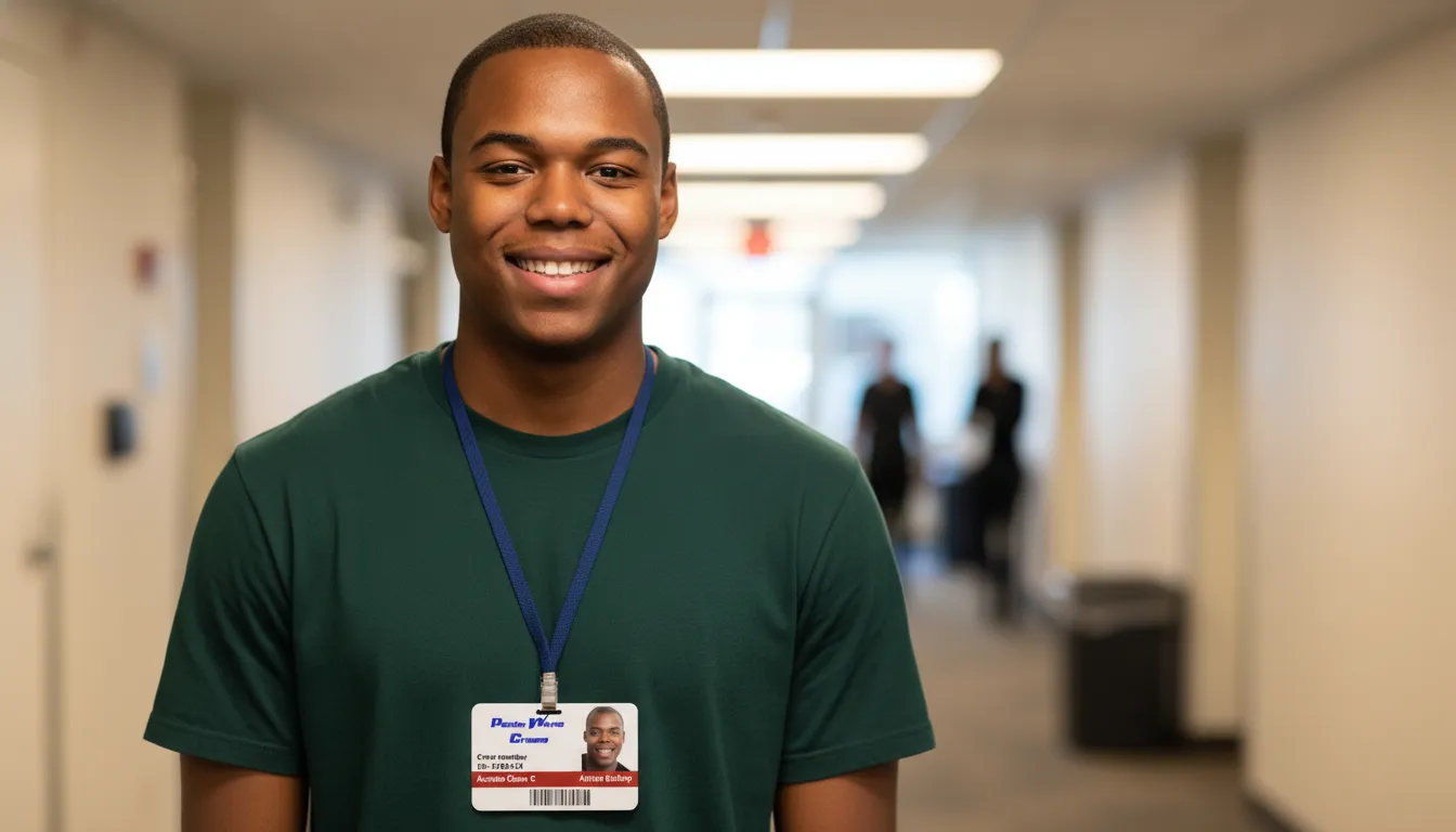 Smiling man in green shirt wearing professional ID badge, blue lanyard, bright hallway background.