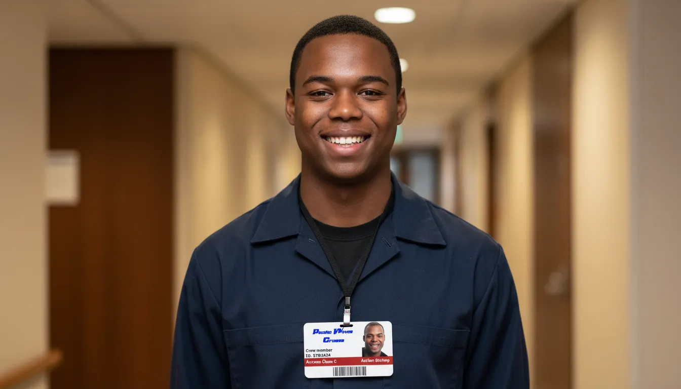 Smiling man in navy shirt, beige hallway background, wearing a custom ID card on a lanyard.