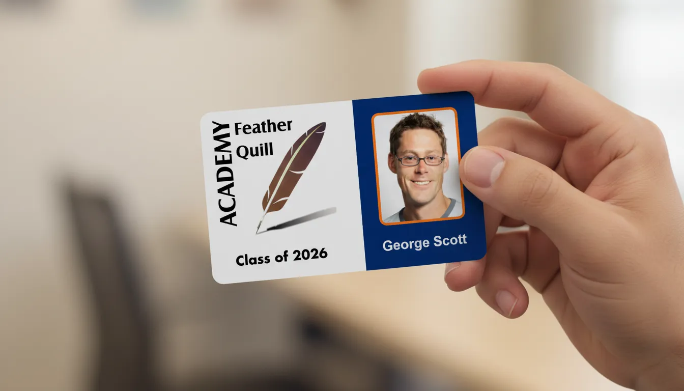 Hand holding custom ID card, blue and white colors, blurred beige office background.