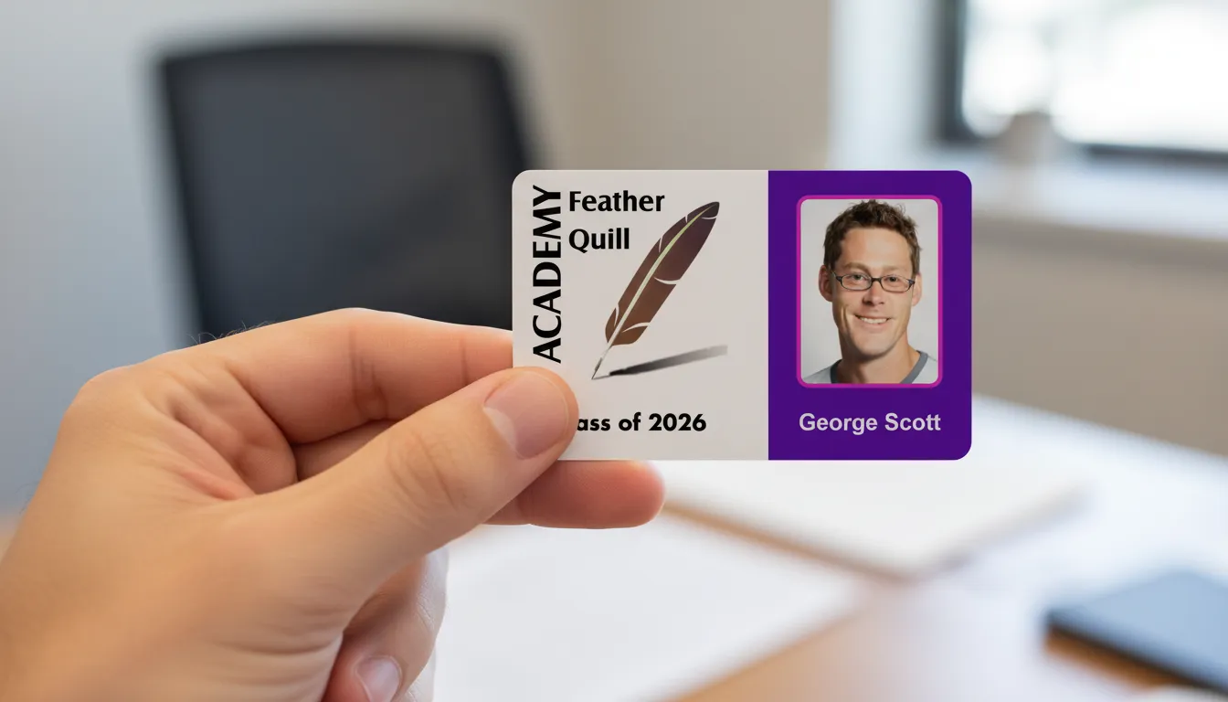 Hand holding custom ID card, white background, purple border, office setting, natural light.