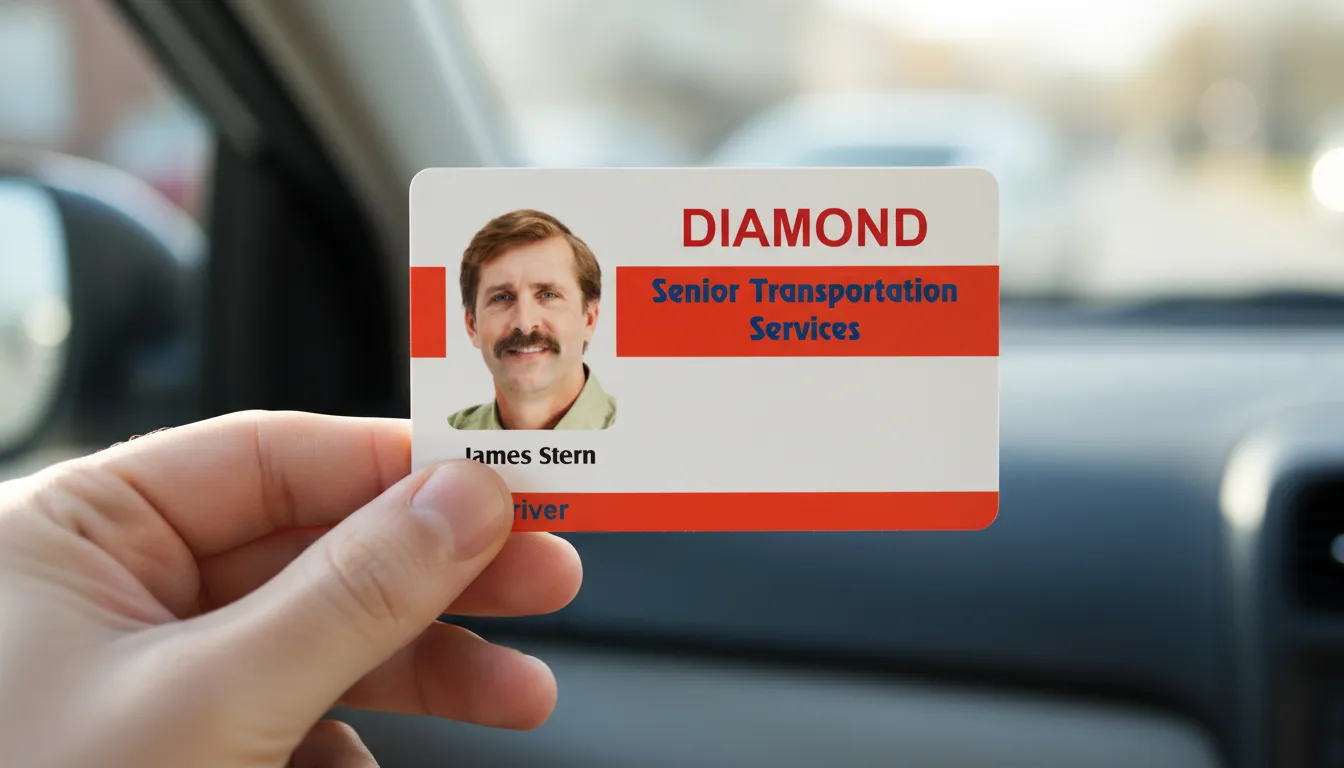 Hand holding custom ID card, red and white colors, blurred car interior background.