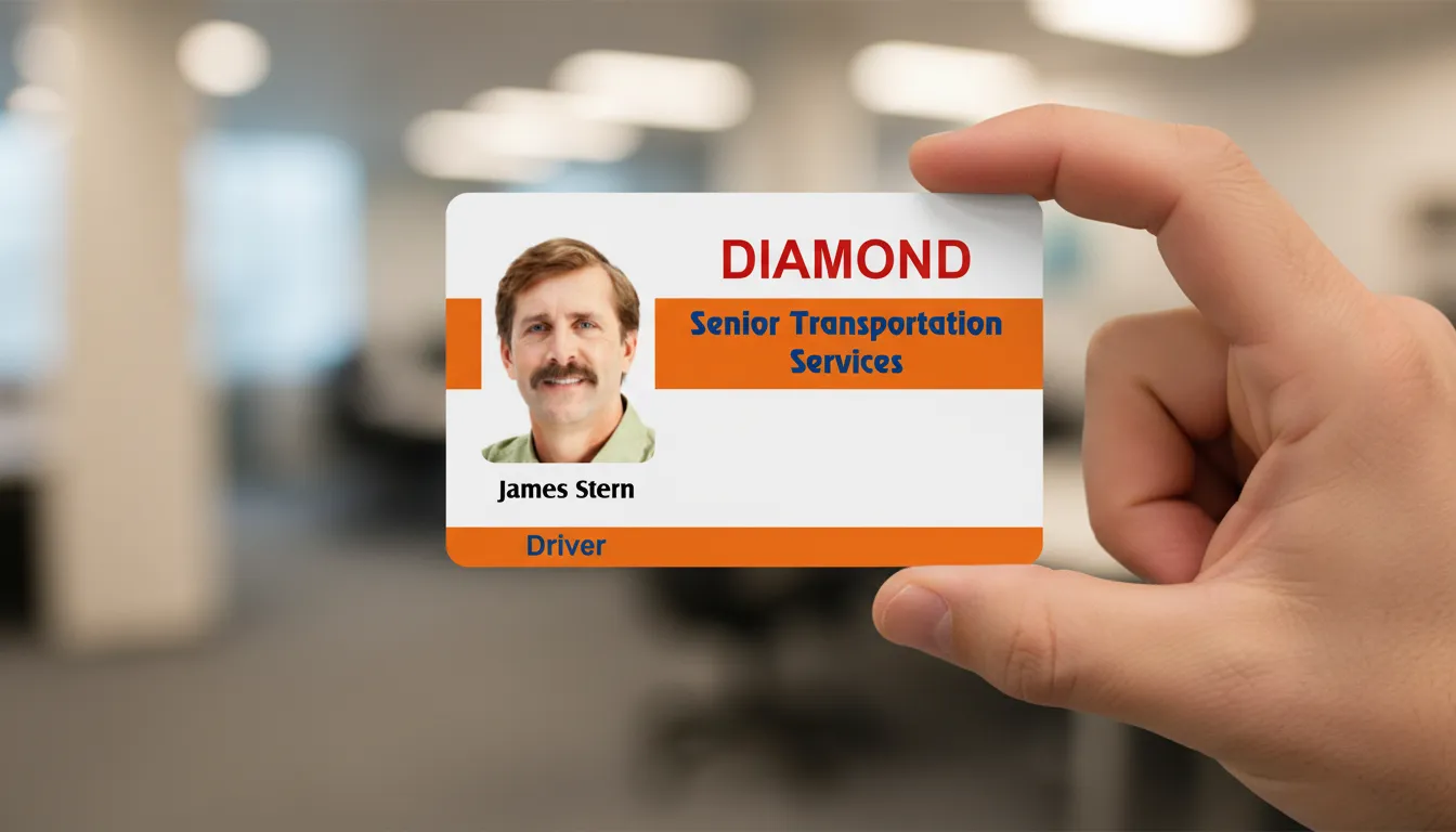 Hand holding custom ID card, white background, orange and blue text, blurred office setting.