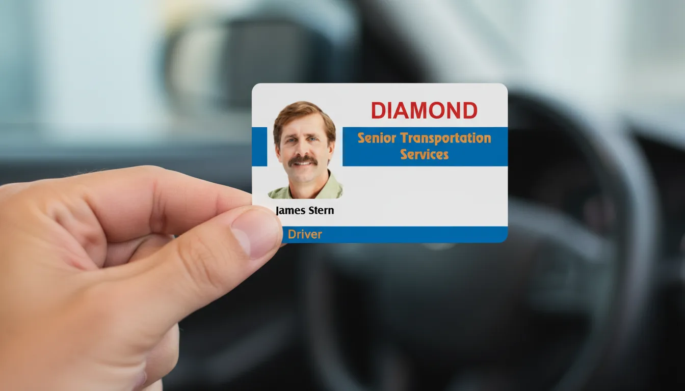 Hand holding custom ID card, white with blue, red, gold text, blurred car interior background.