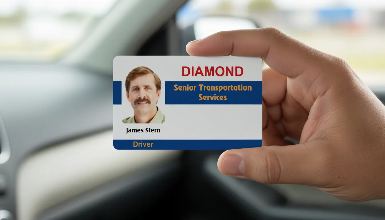 Hand holding custom ID card with blue, gold, and red text, blurred car interior background.