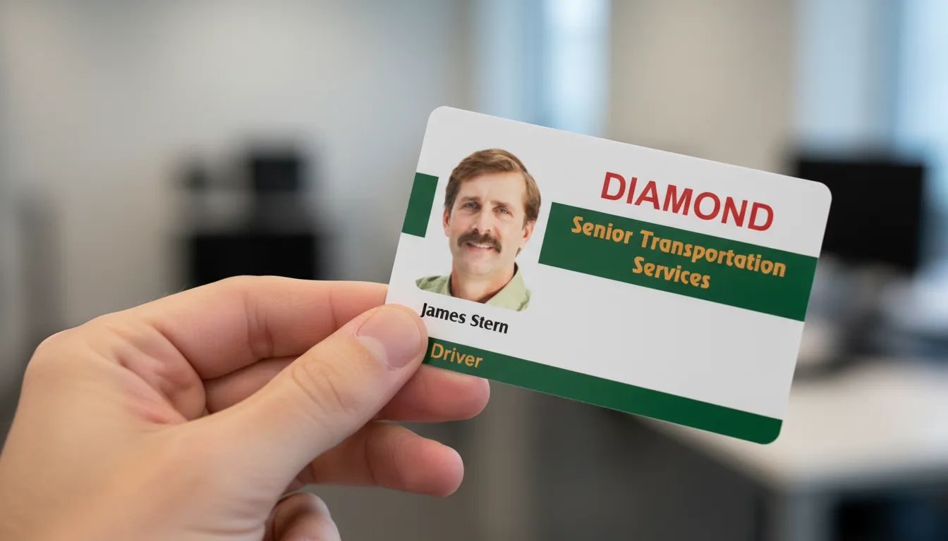 Hand holding custom ID card with green, gold, and red text, blurred office background.