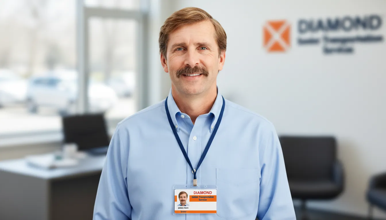 Man in blue shirt with orange custom ID card, office background, neutral colors, natural light.