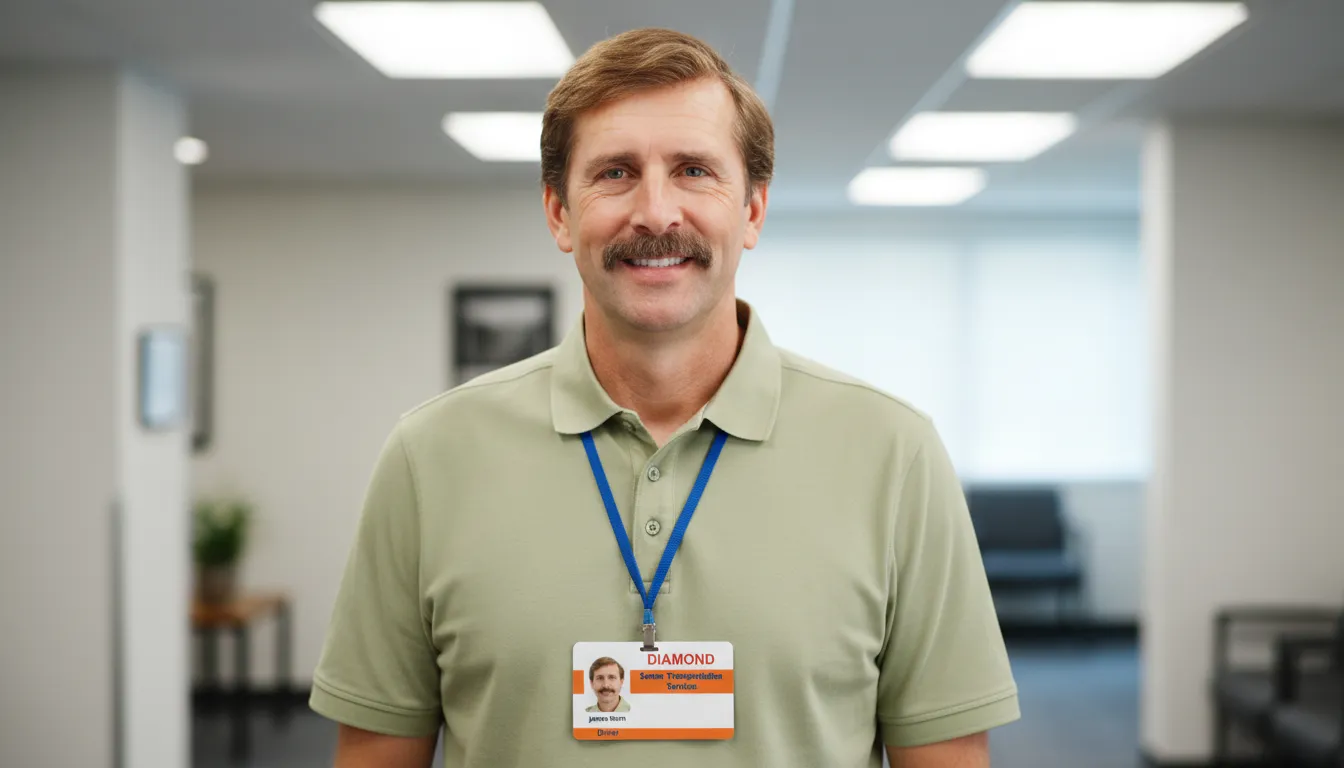 Smiling man in light green shirt, blue lanyard, custom ID card, office with white walls.
