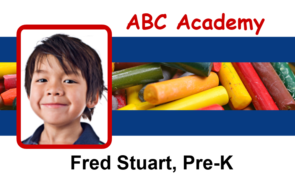 Template ID badge for ABC Academy with a young boy, colorful crayons background, Pre-K at bottom; waterproof durable PVC, clear overlay option