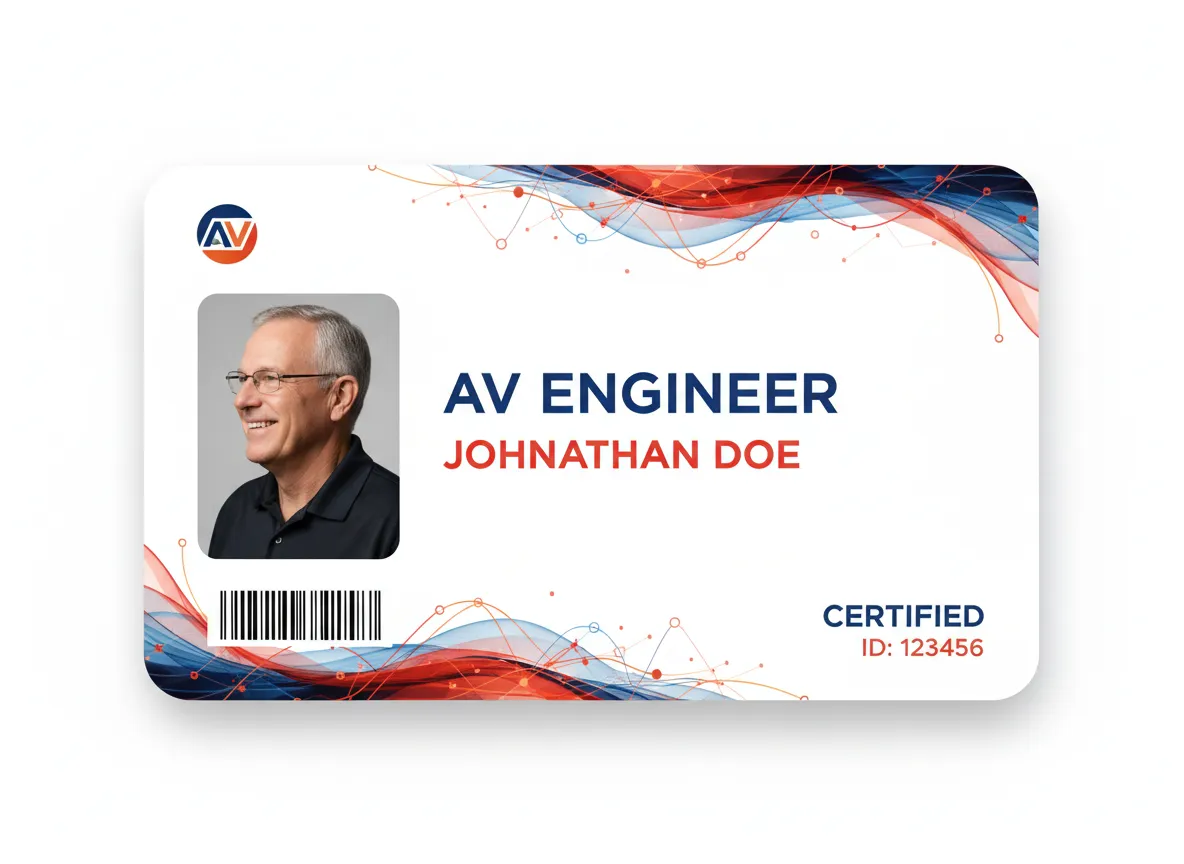 Abstract red and blue background theme custom ID card for an AV engineer, showing name, photograph, certification number and a barcode.