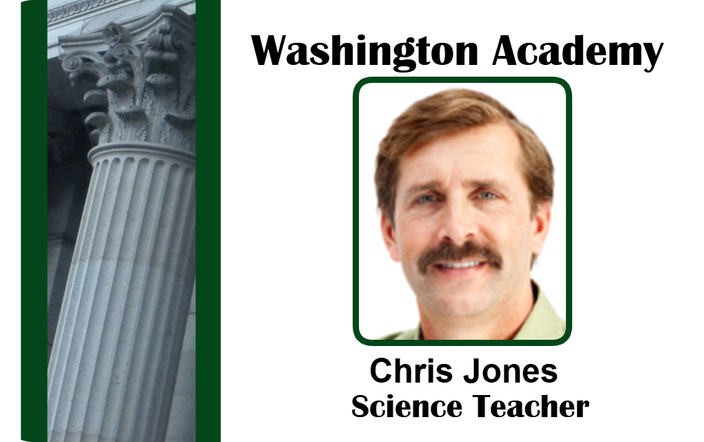 Template id badge for Washington Academy with headshot of a man, labeled Science Teacher, adjacent to image of classical column; wear resistant, durable PVC, clear overlay option