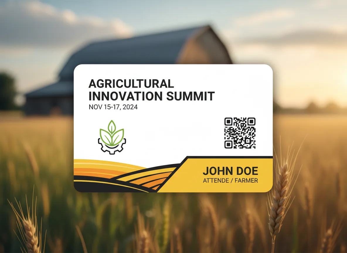 Agriculture industry summit, no-photo type pass, featuring harvest colors theme, event name, participant data and QR code for scanning.