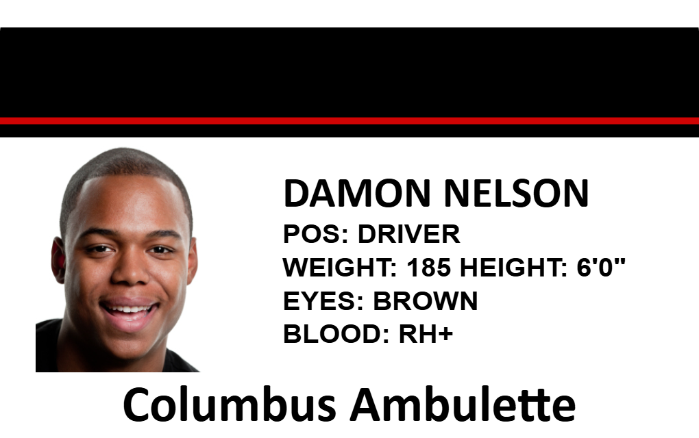 Template ID card for Columbus Ambulette displaying a smiling male driver. Features: age 60, 185 lbs, brown eyes, RH+ blood. Durable PVC, waterproof, clear overlay option
