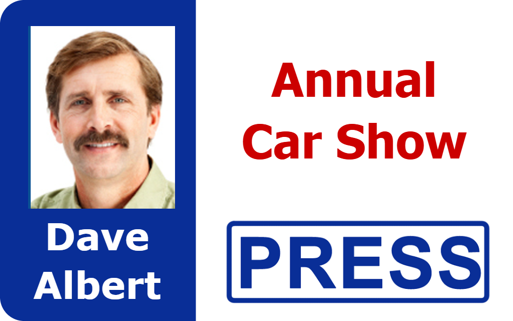 Template ID badge featuring a photo, Annual Car Show and PRESS label; wear resistant, waterproof durable PVC with clear overlay option