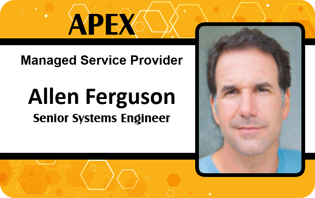 Template ID card for APEX Managed Service Provider, features a man's photo on an orange hexagon background, with clear overlay option and durable PVC; wear resistant