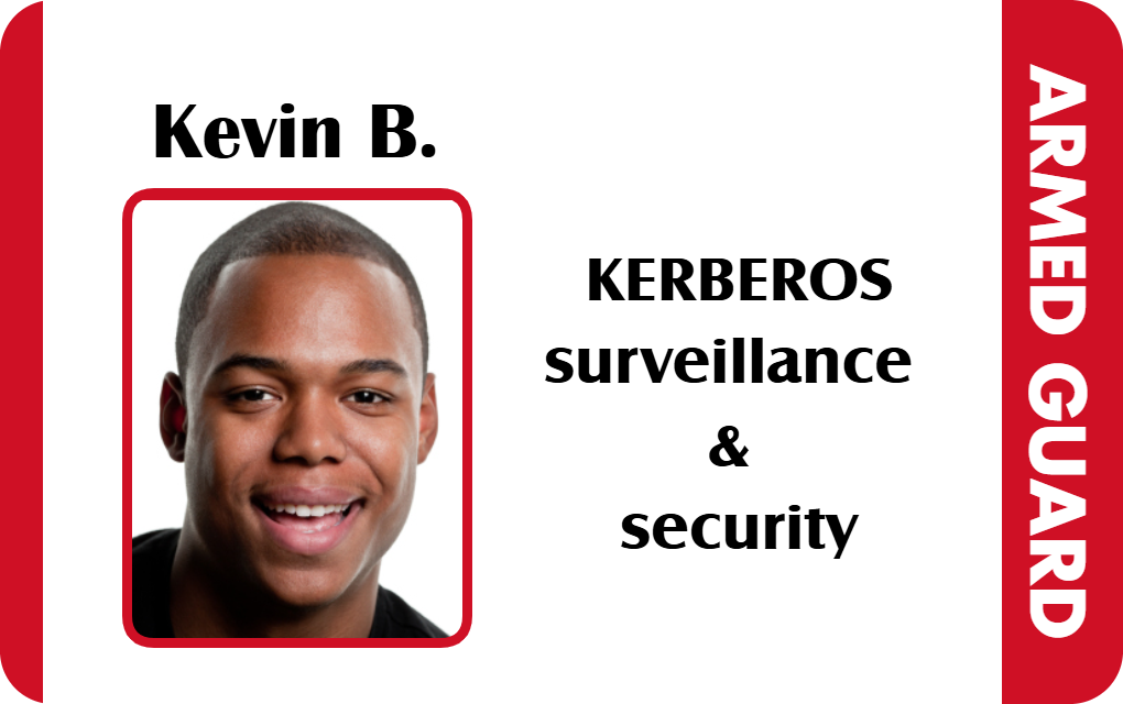Template ID card featuring ID badge design with photo, company logo, and ARMED GUARD label on a red bar. Wear resistant, waterproof, 40mil thick option, durable PVC