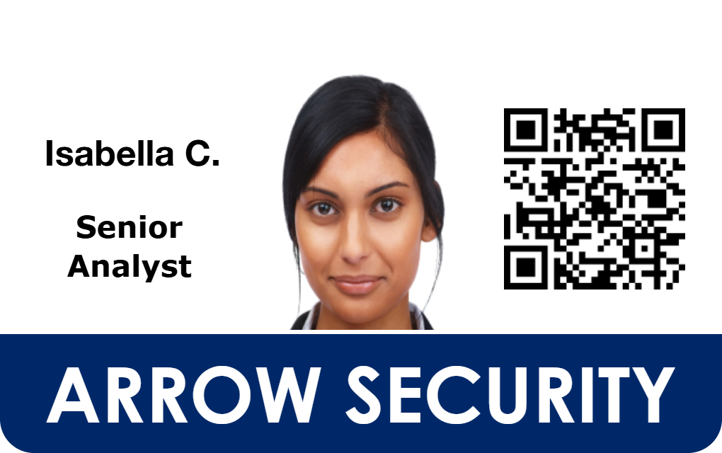 Arrow Security ID badge template featuring a woman's portrait, Senior Analyst title, large QR code on white and blue, waterproof, bend resistant PVC with optional clear overlay