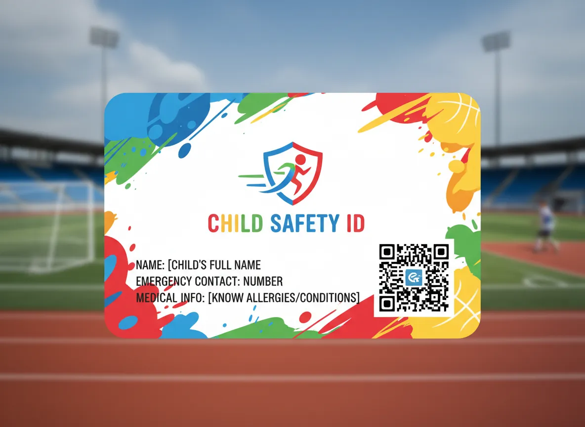 Athlete runner theme child safety identification card, with name, emergency contact, medications and allergies info, and QR code for quick access.