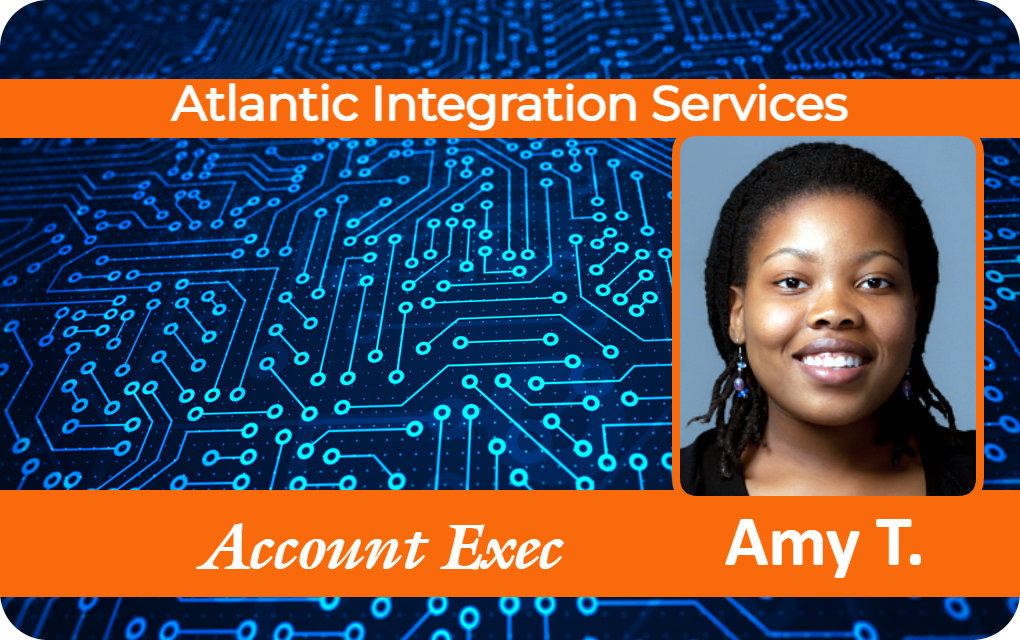 Template ID card for Atlantic Integration Services with a circuit board background, portrait of a smiling woman, Account Exec title; durable PVC, wear resistant, clear overlay option