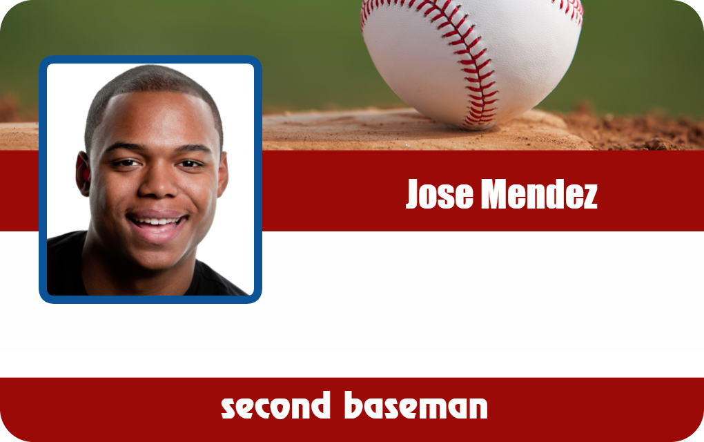 Template ID badge design: Smiling man's headshot next to baseball on a field, "Jose Mendez" and "Second Baseman" text, red/white background, wear resistant, durable PVC