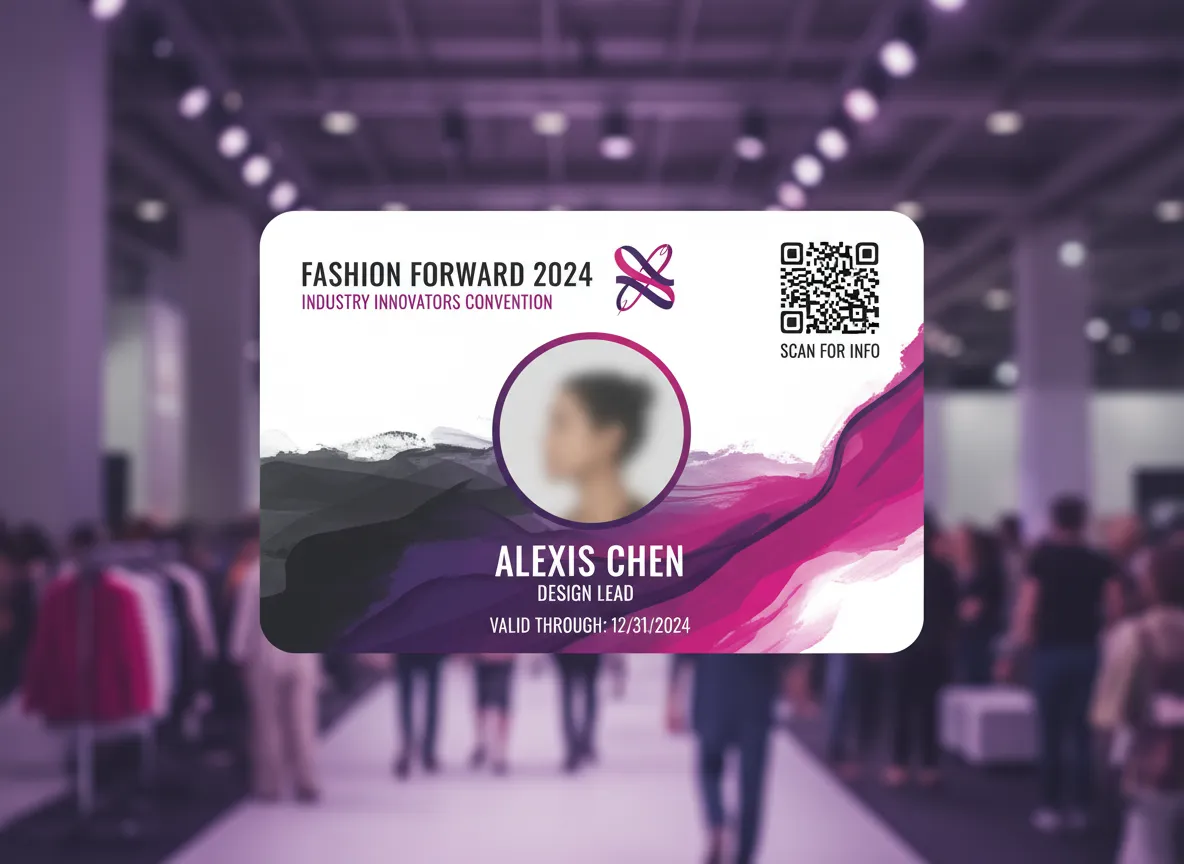 Beauty or fashion industry forum pass, featuring black and purple shades flow, abstract background, with photo in the center area.