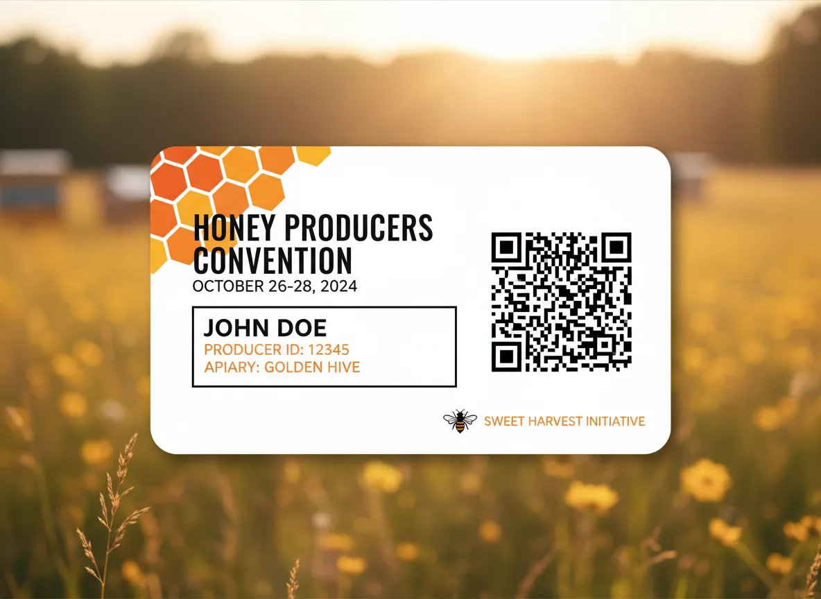 Bee keepers convention, visitor ID card, with honey comb clipart, event information printed, and a prominent QR code for easy scanning.