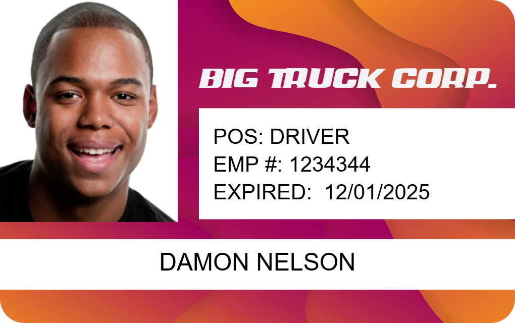 Template for an ID badge for Big Truck Corp. featuring a photo of a smiling man, driver position, clear overlay option, durable PVC, employee number and expiration date