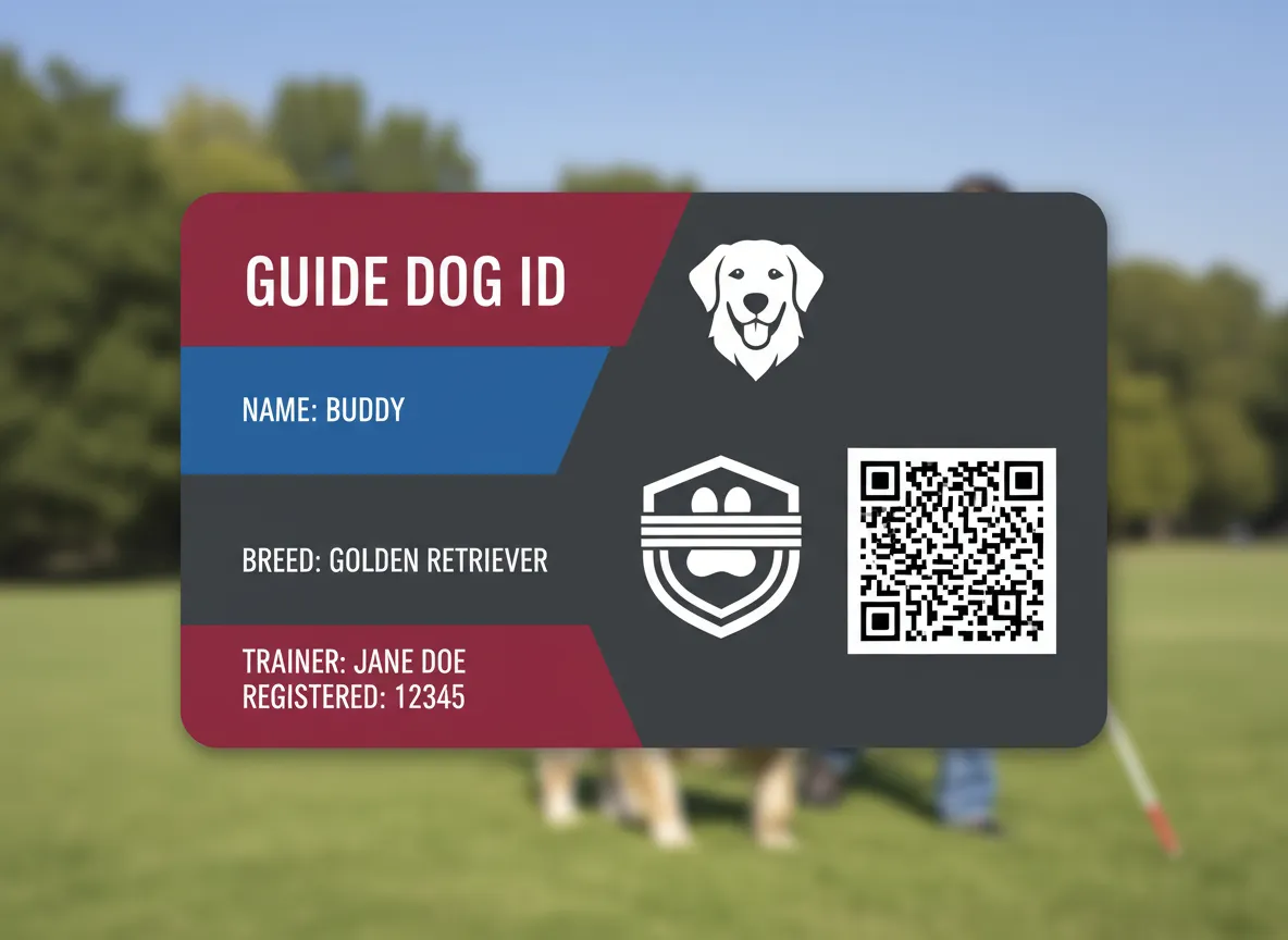 Blind person guide dog custom ID card, featuring purple and blue color bars, blended into dark grey background, displaying handler and dog data.