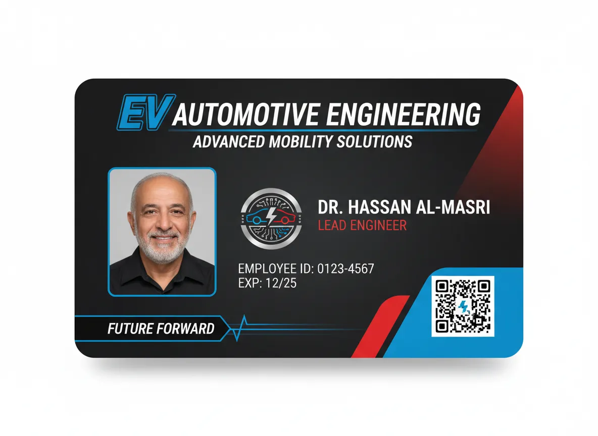 Blue, red, black, modern abstract design, ID badge for automotive engineer with a QR code and added security holographic overlay.