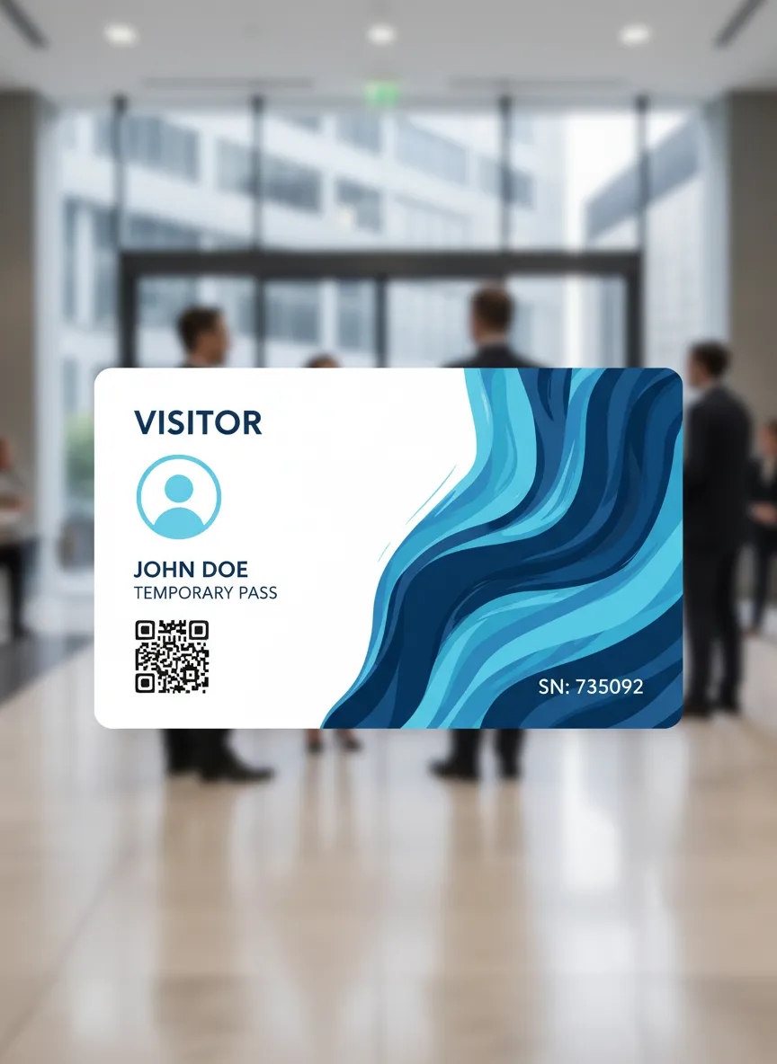Branch agnostic visitor ID pass with blue shades wavy color panel, serial number, QR code, optional photo area, name, and access level status.