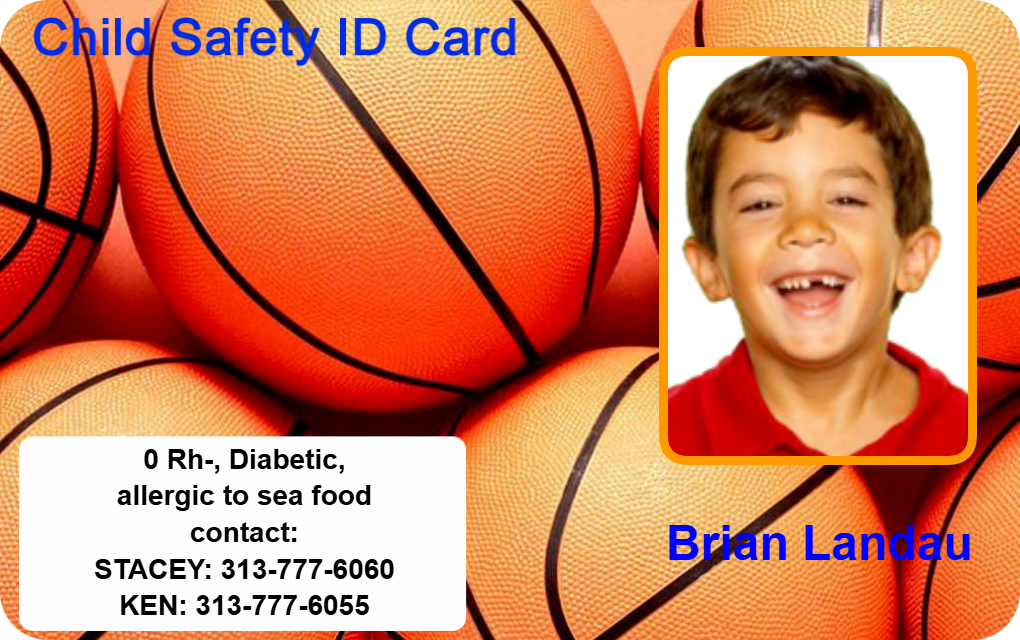 Template child safety ID card or ID badge featuring a child's photo, basketball background, allergy and diabetes info, emergency contacts, durable PVC material, waterproof, 40mil thick option