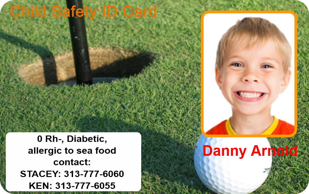 Template child ID card featuring a smiling boy, golf hole and ball icon, medical info, allergies, emergency contacts; 40mil thick option, wear resistant