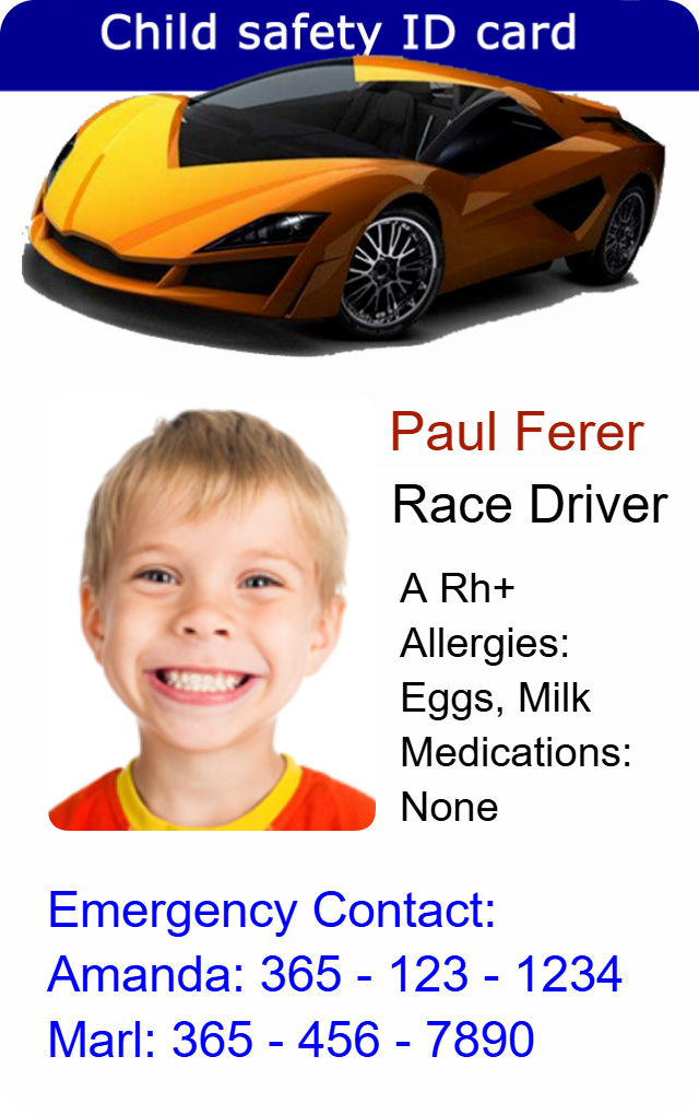 Template child safety ID card with sports car image, child’s photo, race driver info, allergy details, emergency contacts; waterproof, durable PVC, clear overlay option