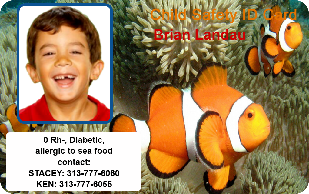 Template child safety ID card featuring a smiling boy, clownfish background, emergency contacts, medical info, durable PVC, waterproof, Proximity RFID option