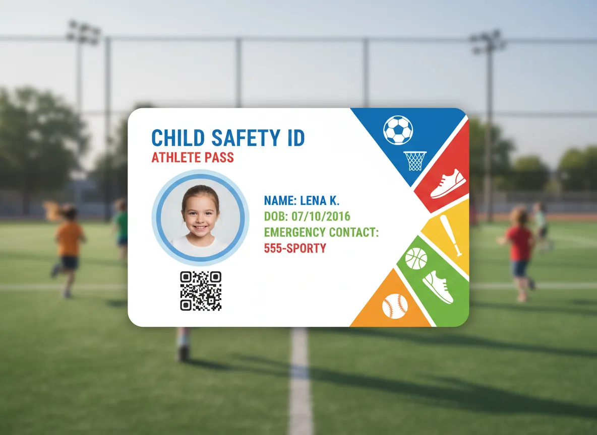 Child safety ID card for sports enthusiast or young athlete, displaying various disciplines icons, photo, name and emergency contact.