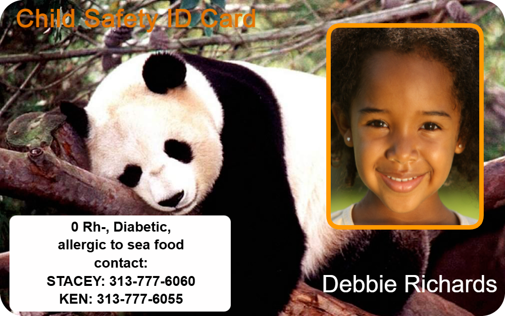Template child safety ID card featuring a smiling child's photo, panda background, emergency contact and medical info; waterproof, wear resistant, clear overlay option