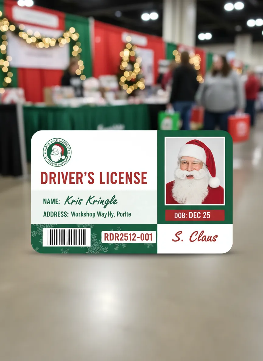 Christmas season ID card for Santa Claus, in red and green color pattern, showing a photo, along with a number of text labels and a barcode.
