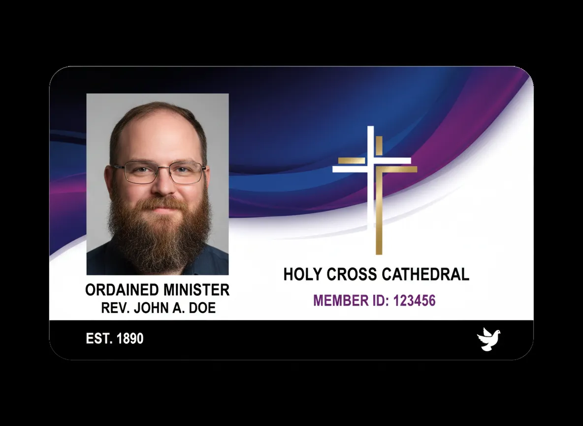 Church ID badge with wavy abstract color panel consisting of purple and blue shades, displaying person's photo, various icons and data elements.