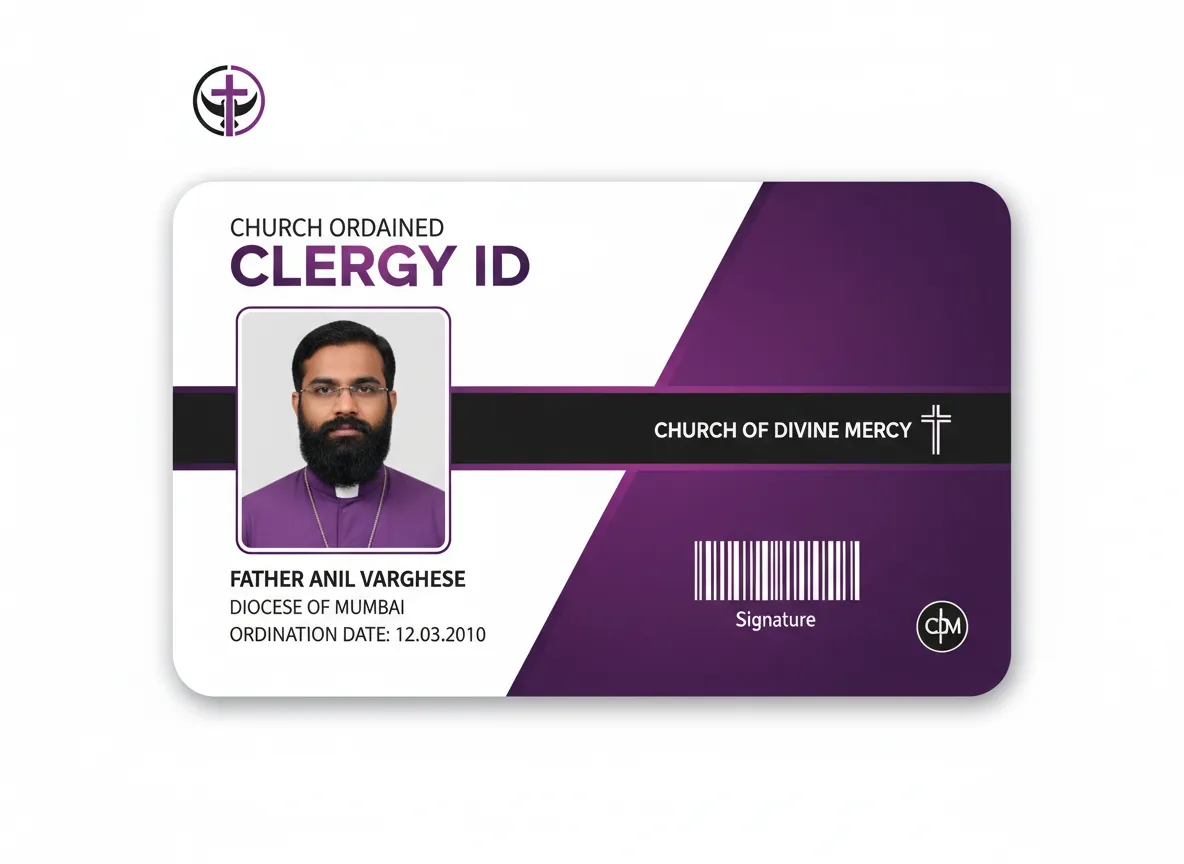 Church ID card, featuring a conservative design with purple, black and white sections, with a photo, data in black text labels and signature.