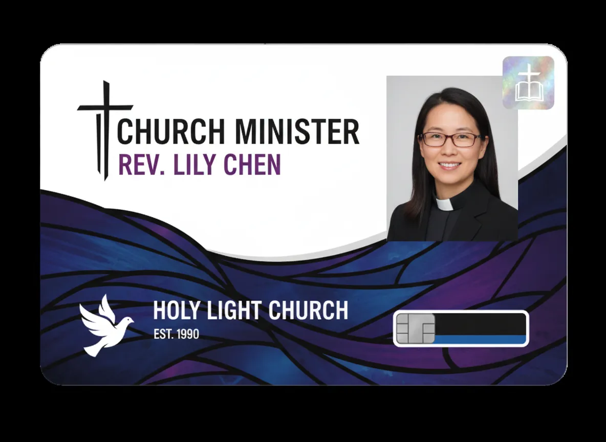 Church minister custom ID badge, featuring blue and purple glass panels background, cross, white dove, person's photograph, name and title.